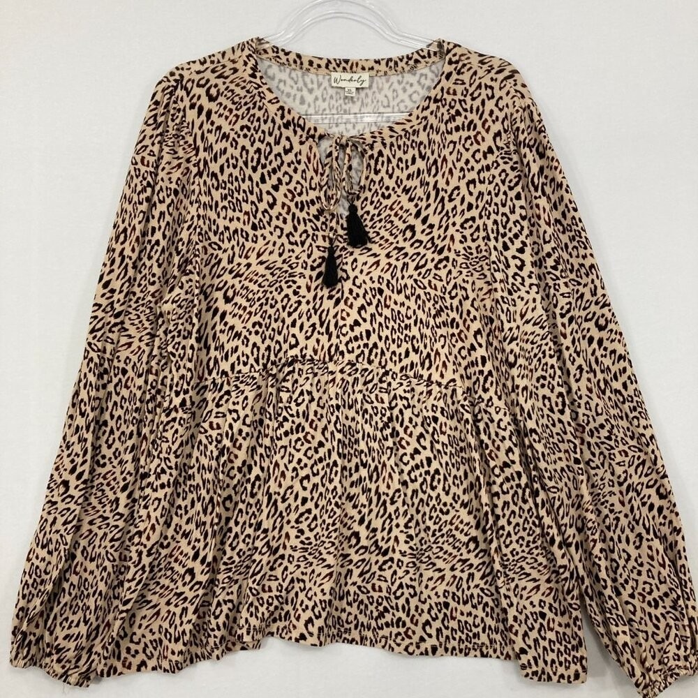 Wonderly size XL Black‎ Tan Leopard Tie Front Stretch Long Sleeve Blouse Office